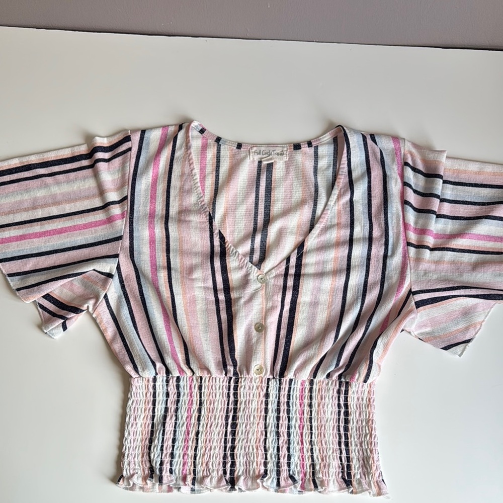 Striped V-Neck Button-Up Top